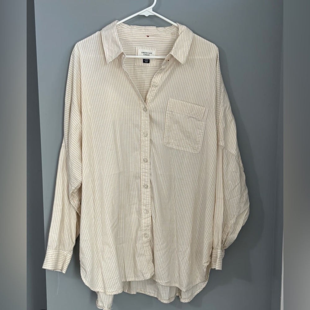 American Eagle Striped Oversized Button Up Cream